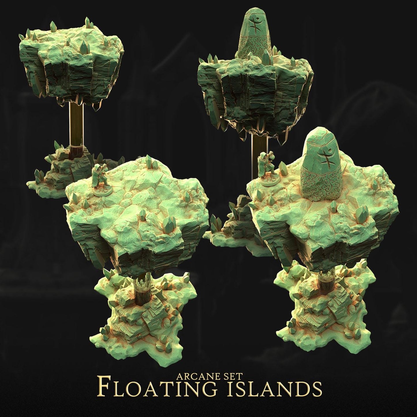 The image is a 3D rendering of a floating island set, featuring various floating islands with unique structures and designs.