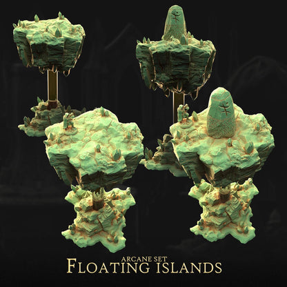 The image is a 3D rendering of a floating island set, featuring various floating islands with unique structures and designs.