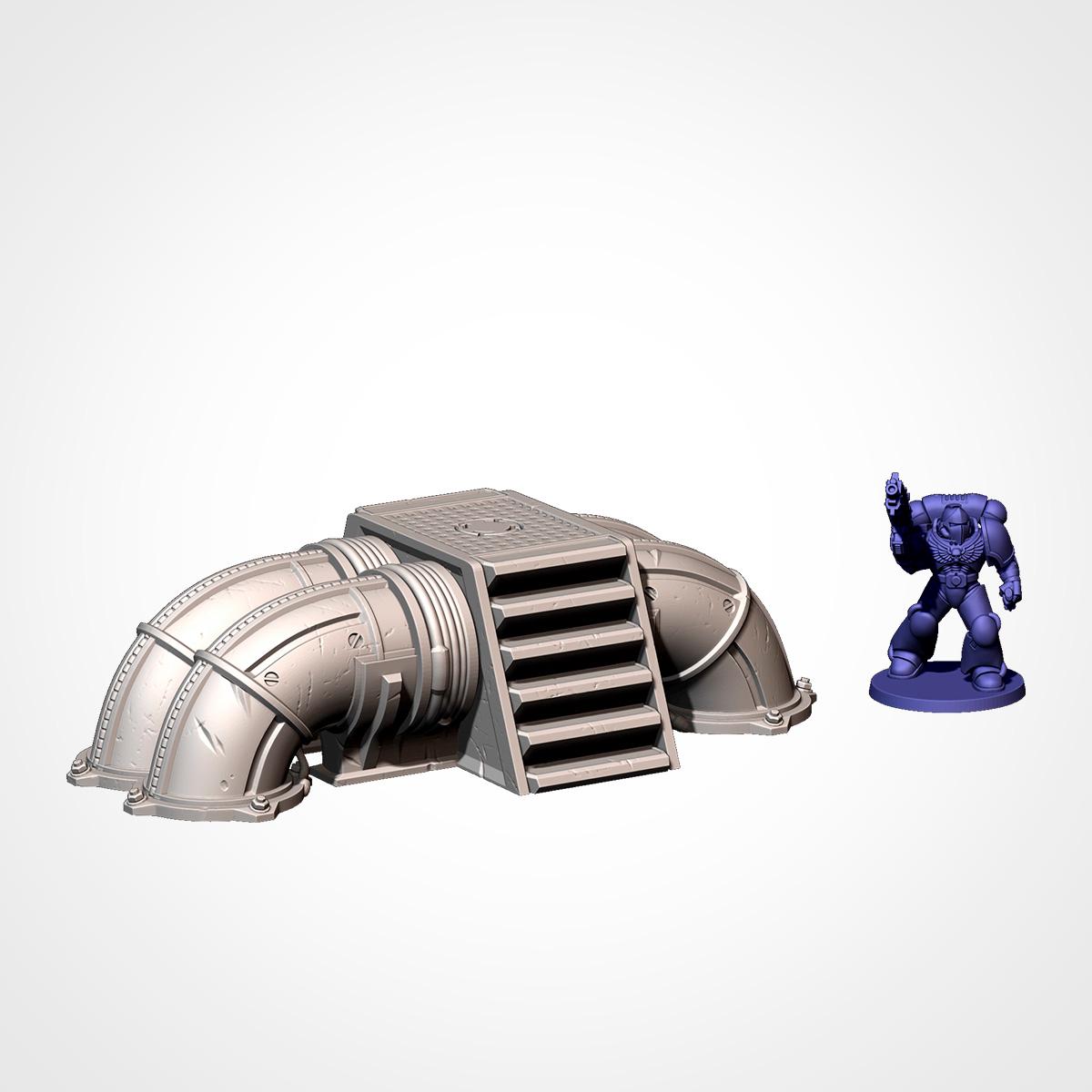A 3D rendering of a metallic pipe structure with a small figurine of a person standing next to it.