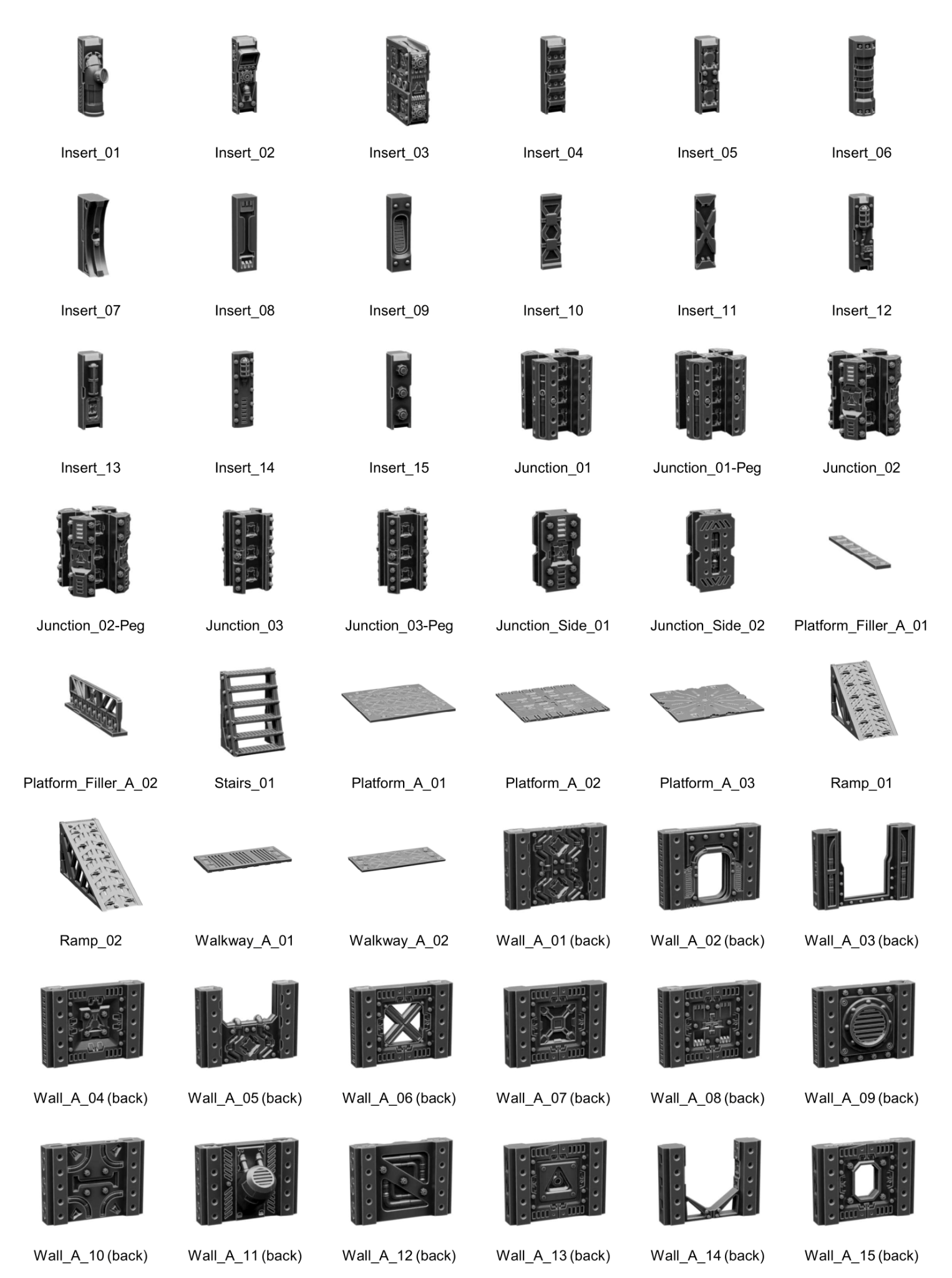 a collection of various black and gray metal components, such as platforms, stairways, ramps, and other structural elements, arranged in a grid format.