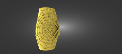 A 3D rendering of a yellow, spider-like object with a web-like pattern on it, set against a dark background.