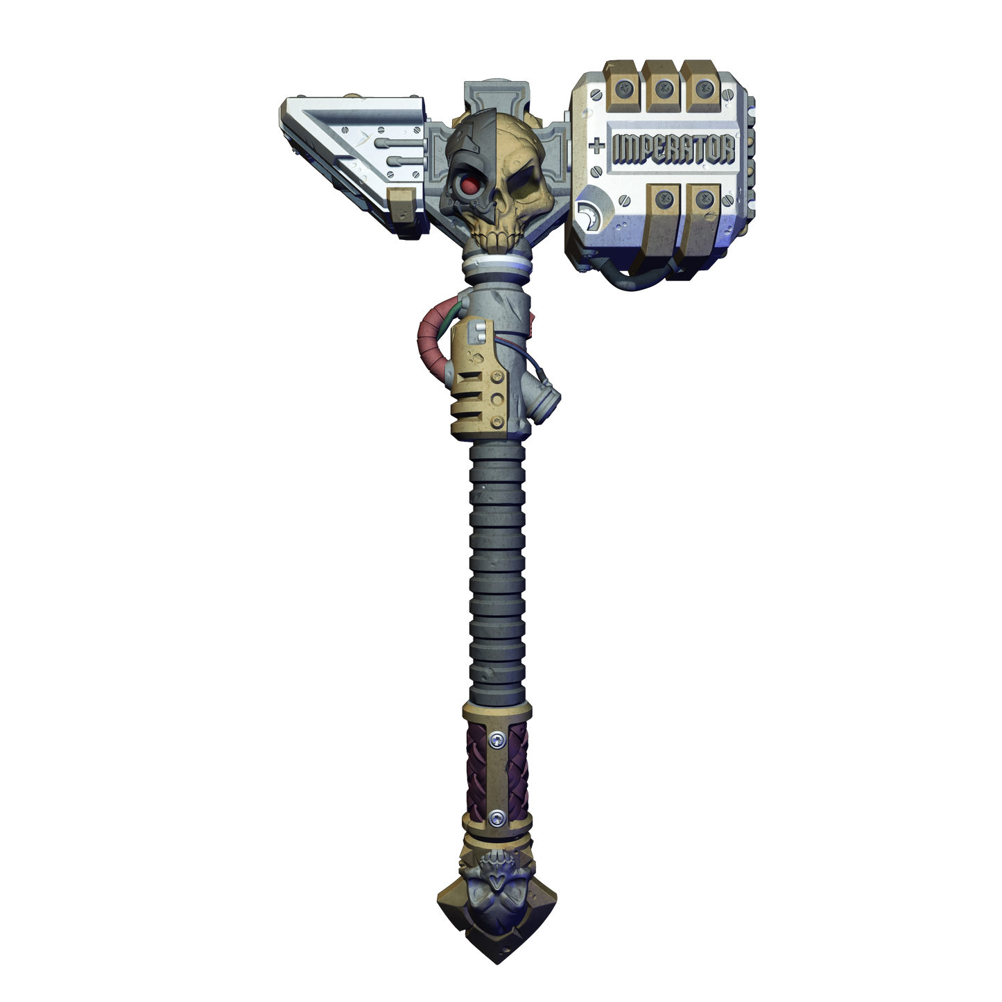 A highly detailed and intricate mechanical weapon with a skull-like design, featuring multiple components and a complex structure.