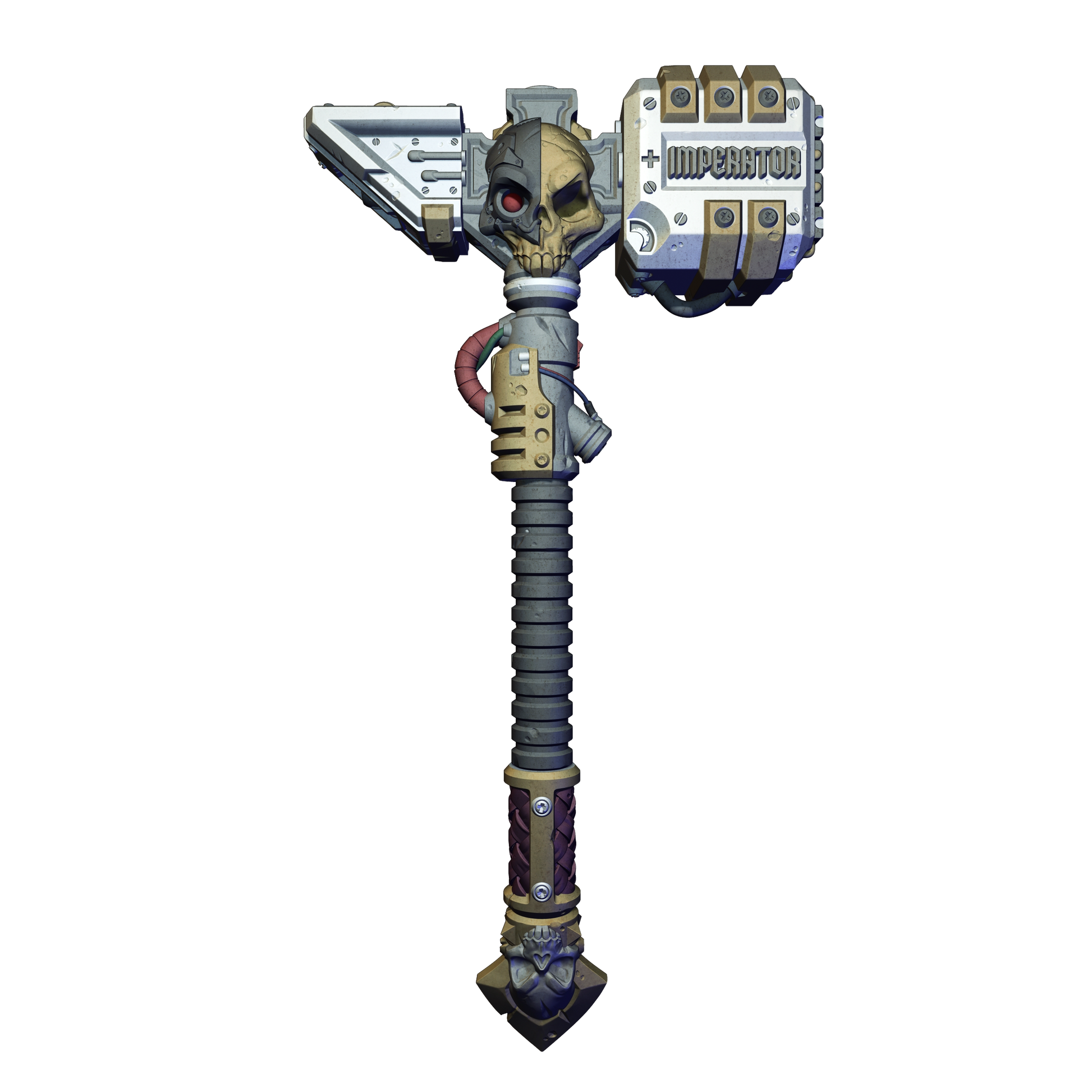 A highly detailed and intricate mechanical weapon with a skull-like design, featuring multiple components and a complex structure.