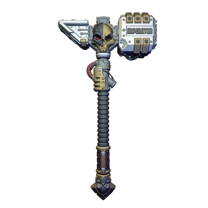 A highly detailed and intricate mechanical weapon with a skull-like design, featuring multiple components and a complex structure.