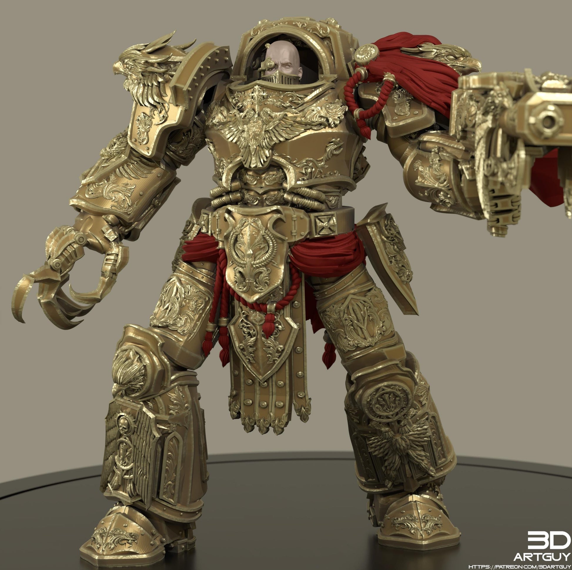 A highly detailed and ornate golden armor suit with intricate designs and decorations, including a red cape and a helmet with a skull and crossbones.