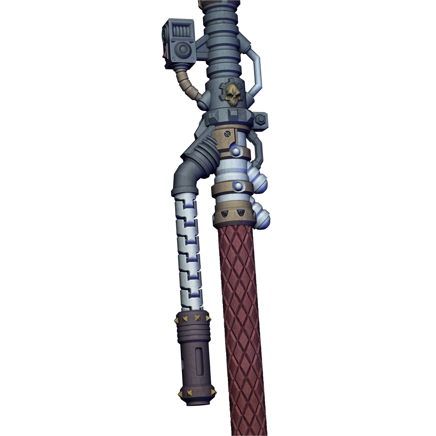 A 3D rendering of a complex, metallic weapon with various components and attachments, including a skull-like figure on the top.