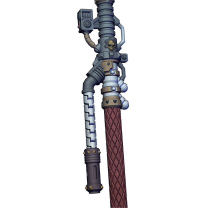 A 3D rendering of a complex, metallic weapon with various components and attachments, including a skull-like figure on the top.
