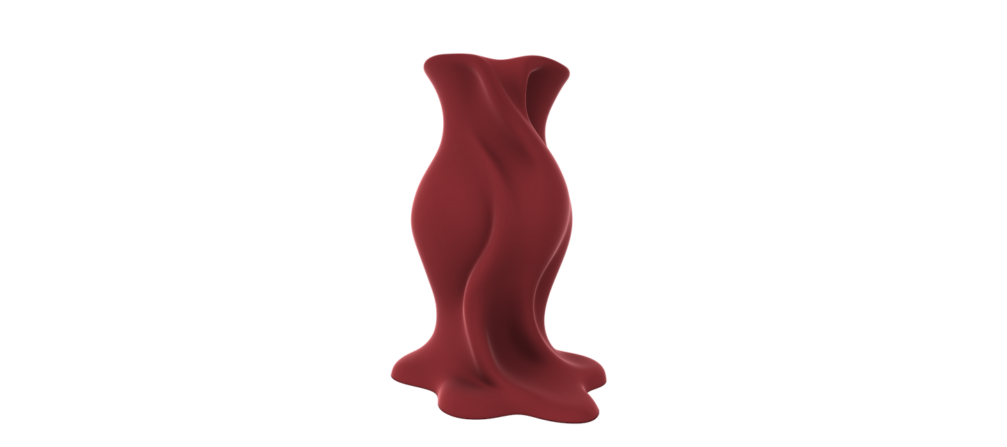 A red, abstract sculpture resembling a human figure stands alone against a black background.