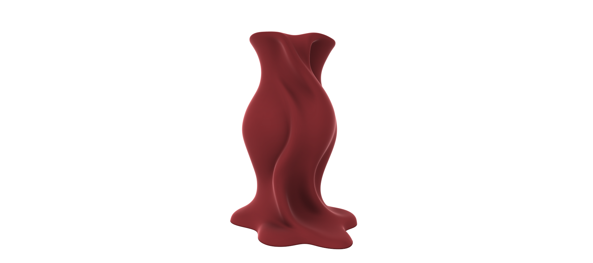 A red, abstract sculpture resembling a human figure stands alone against a black background.