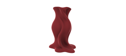 A red, abstract sculpture resembling a human figure stands alone against a black background.