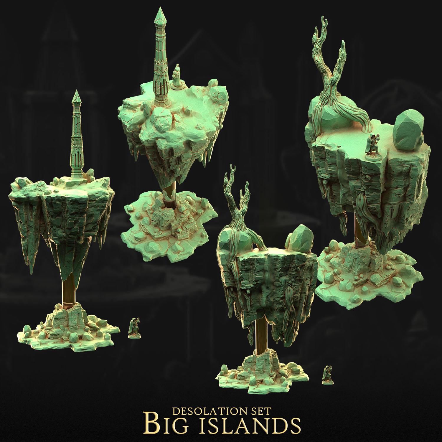 The image is a 3D rendering of a desolation set featuring various fantastical island structures, including towers, trees, and other architectural elements, set against a dark background.