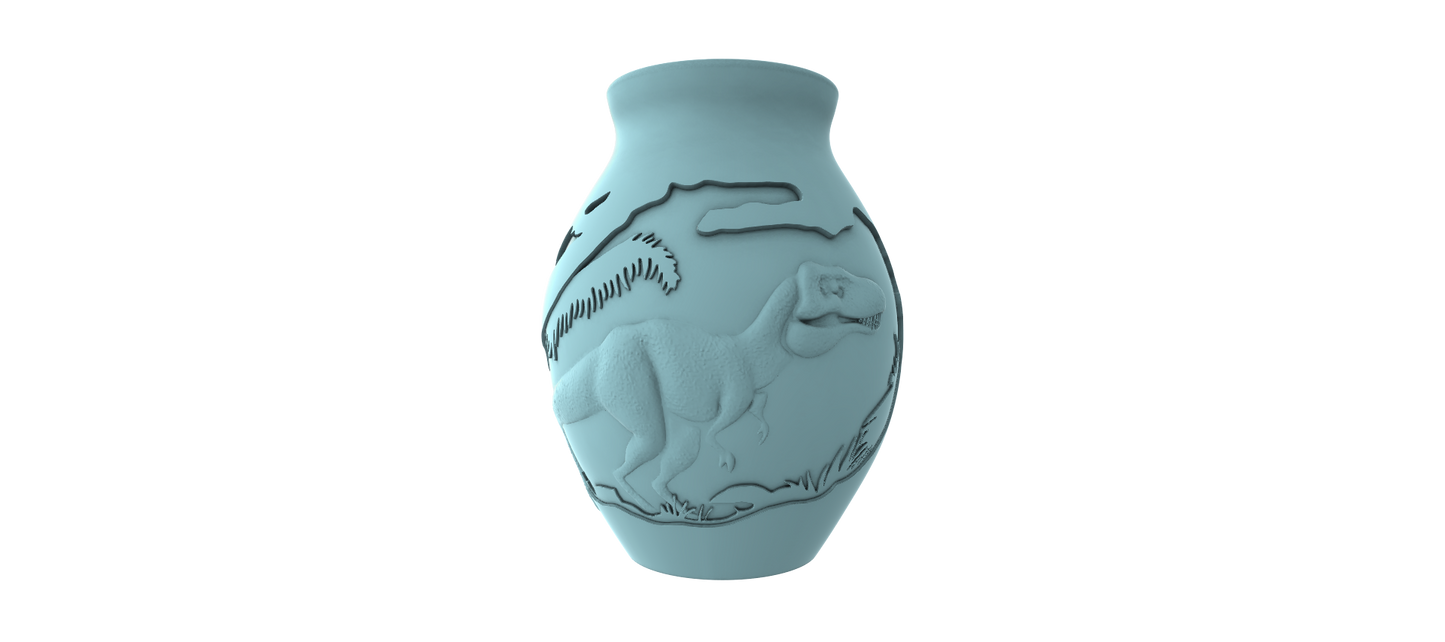 A ceramic vase with a dinosaur design on it, set against a black background.