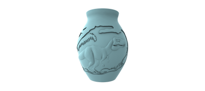 A ceramic vase with a dinosaur design on it, set against a black background.