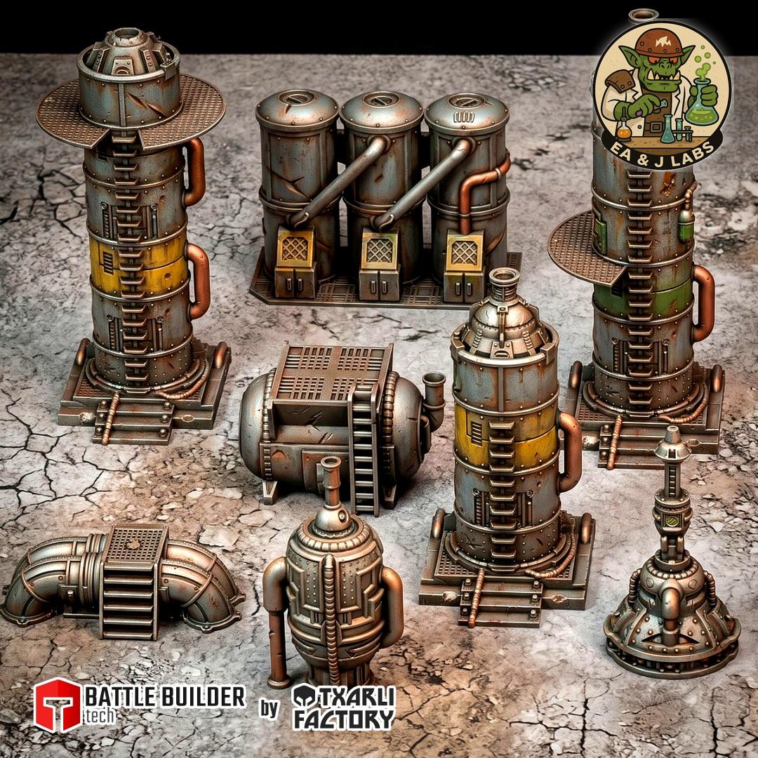 The image is a collection of various industrial and mechanical objects, including tanks, pipes, and other industrial equipment, arranged in a factory setting.