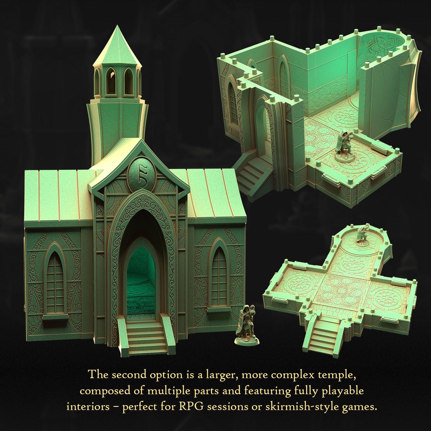 The image is a collage of three different views of a complex temple, including a detailed 3D rendering and a smaller, more stylized version. The second option is a larger, more complex temple, composed of multiple parts and featuring fully playable interiors - perfect for RPG sessions or skirmish-style games.