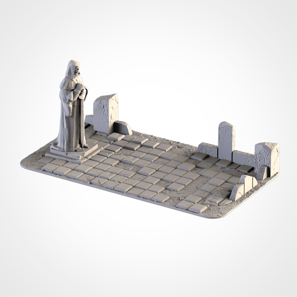 A 3D rendering of a statue of a person standing on a stone platform with a tiled floor.