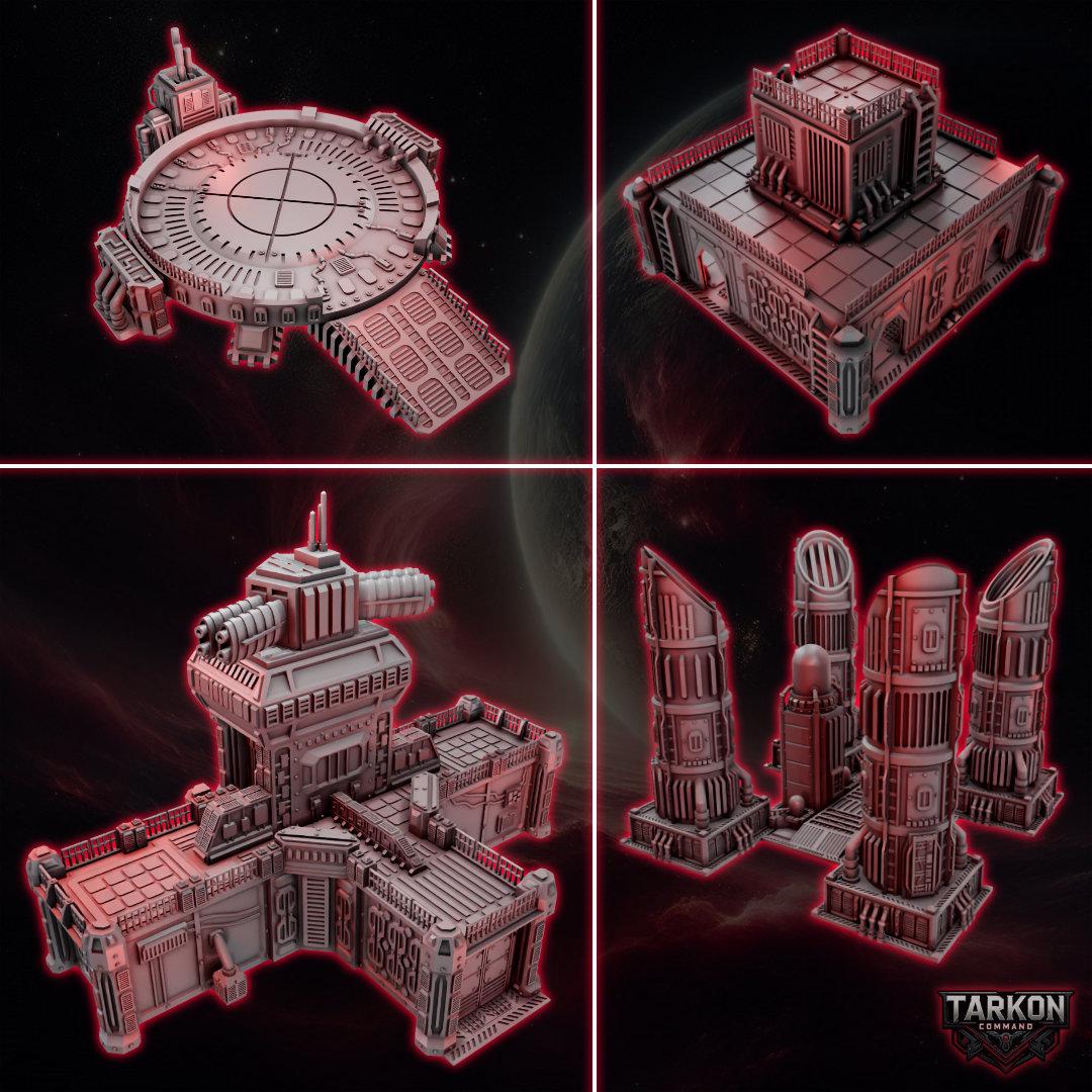 four different views of a futuristic city structure, including a large circular structure, a square building, a tower, and a tower with a dome.