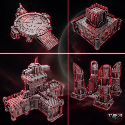 four different views of a futuristic city structure, including a large circular structure, a square building, a tower, and a tower with a dome.