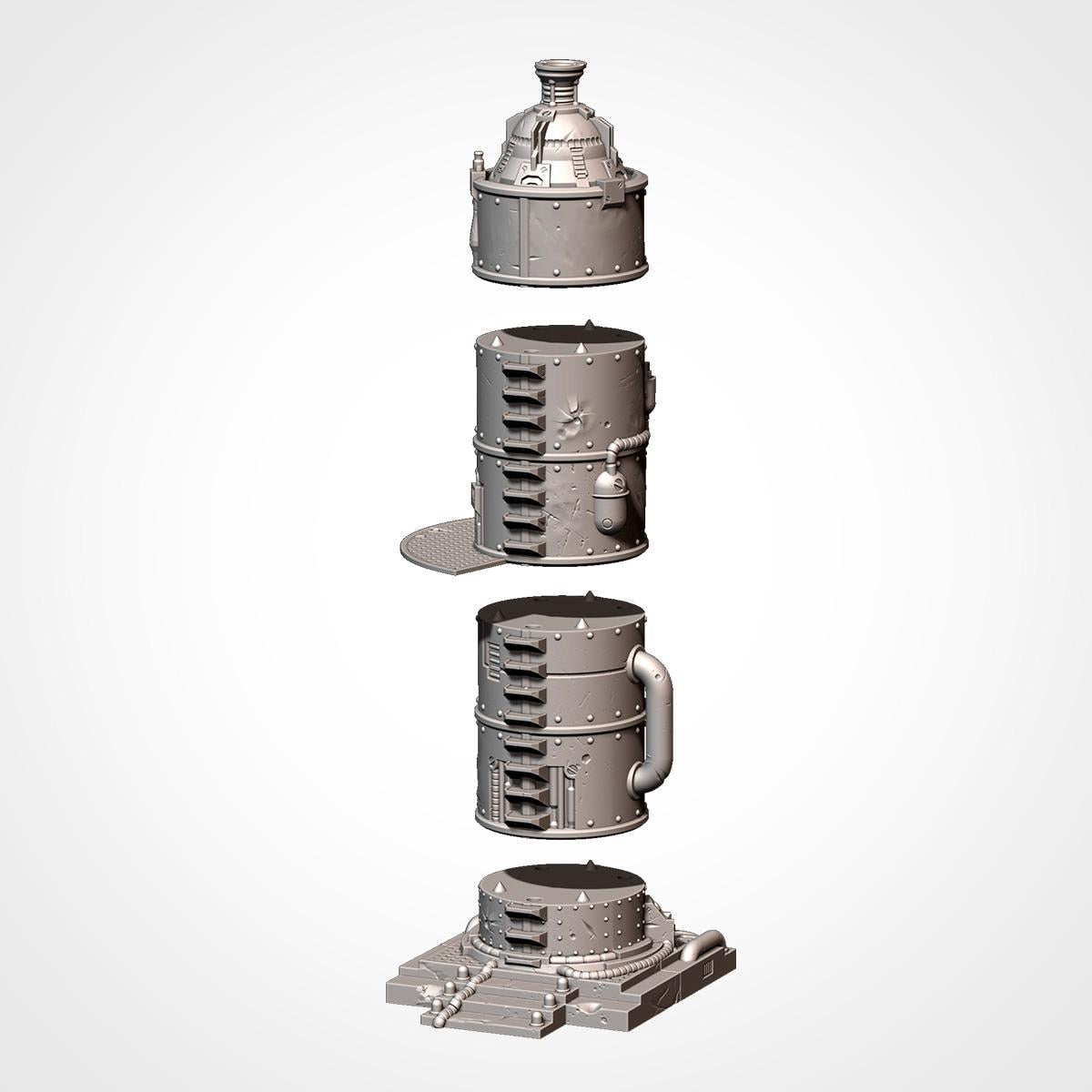 A 3D rendering of a metallic structure with various cylindrical components, including a large cylindrical tank, a smaller cylindrical tank, and a cylindrical container with a handle.