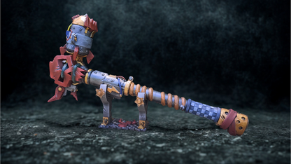 A colorful and intricate mechanical object resembling a weapon or tool, with various mechanical components and a striking design.