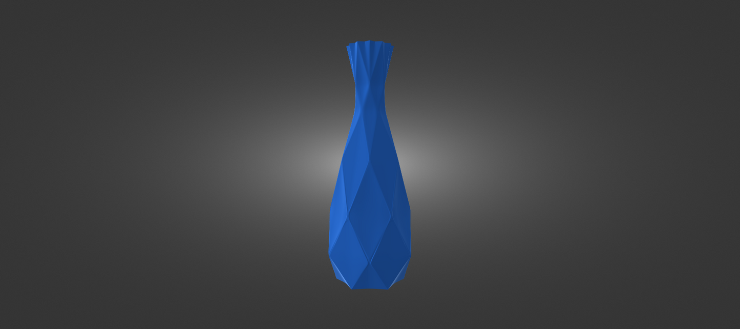 A blue, diamond-shaped vase stands alone against a dark background.
