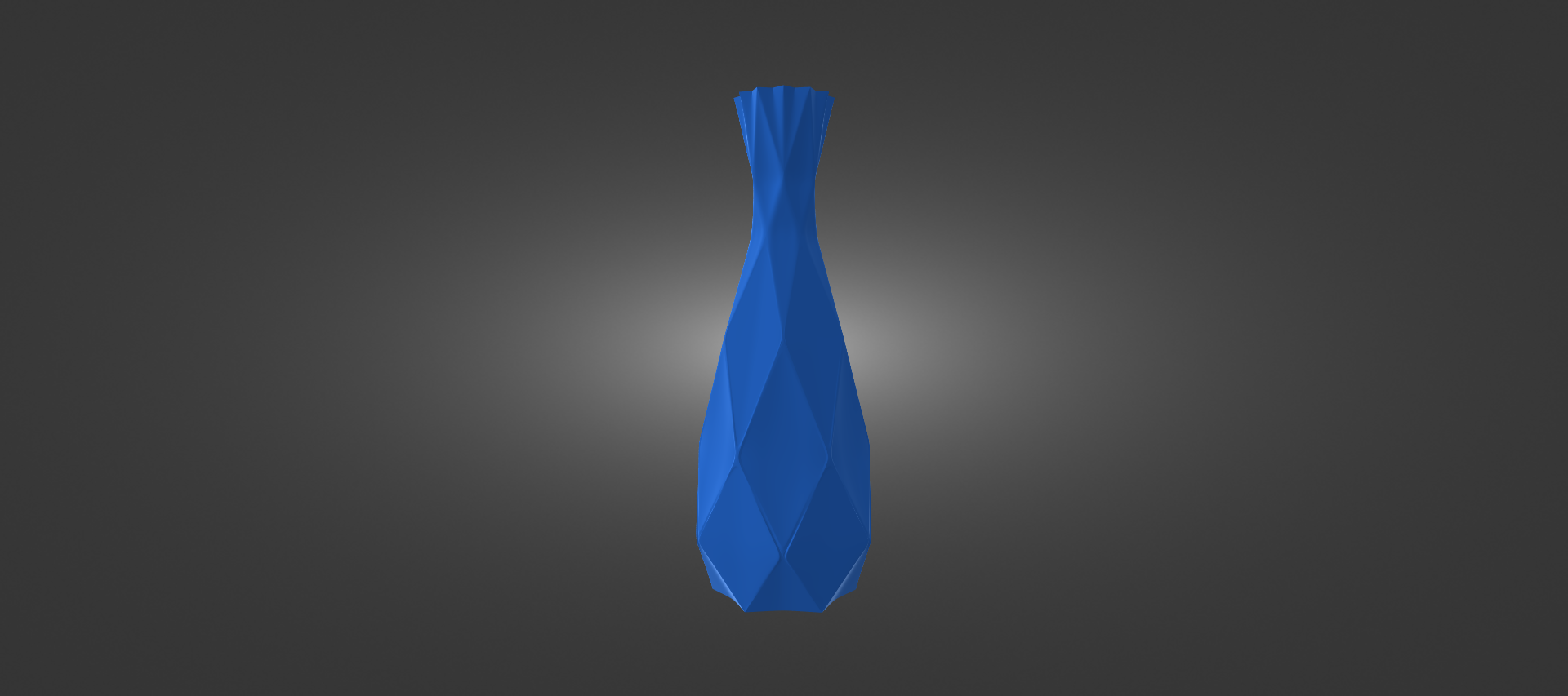 A blue, diamond-shaped vase stands alone against a dark background.