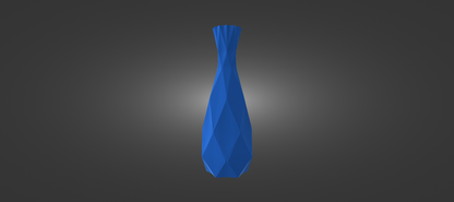 A blue, diamond-shaped vase stands alone against a dark background.