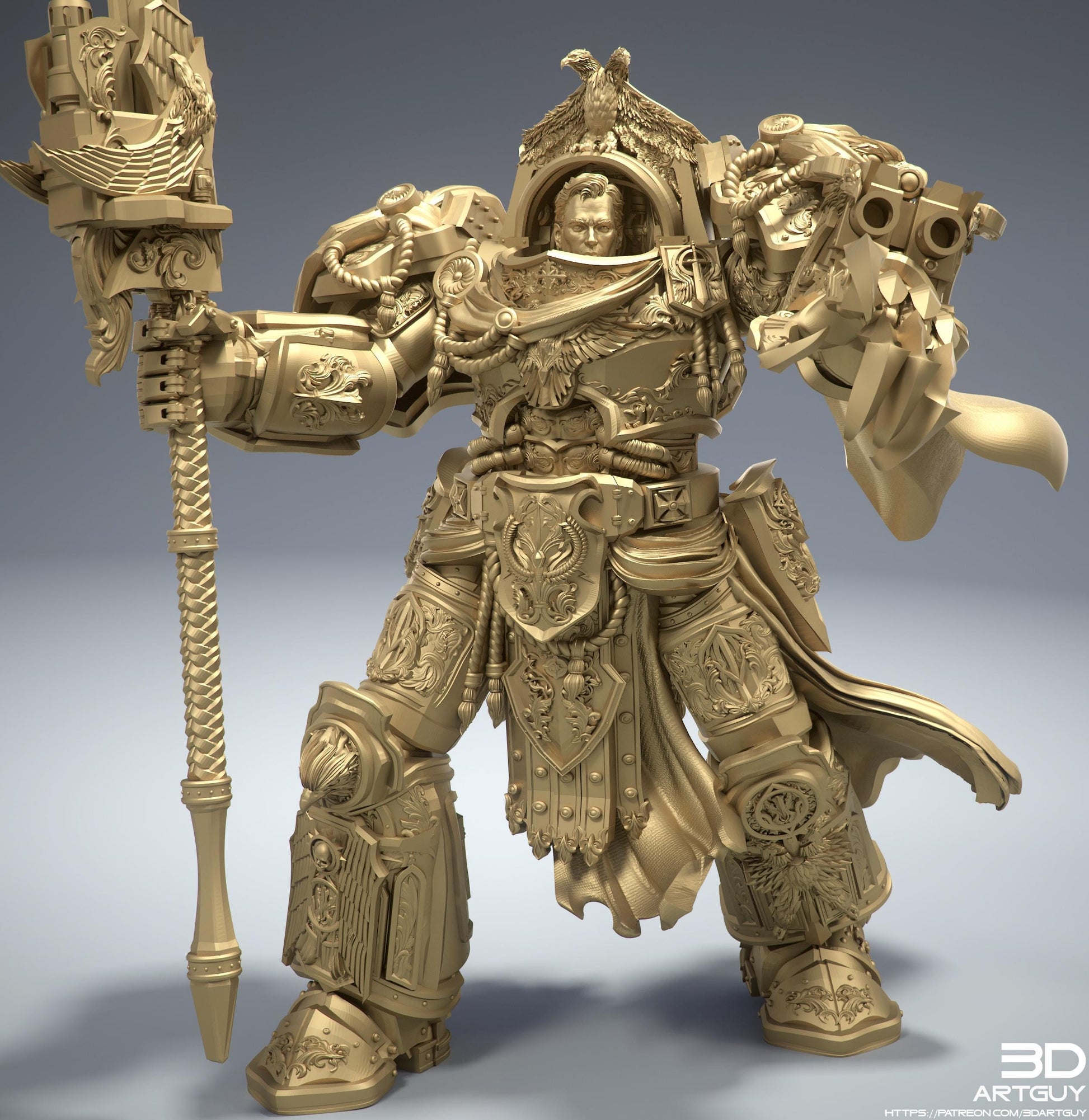 A highly detailed and intricate 3D model of a golden armored warrior figure, with ornate armor, weapons, and a flowing cape.