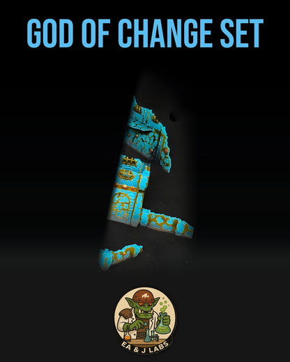 The image is a poster for a game called "God of Change Set". It features a blue and green dragon-like creature with a human-like face, standing in a dark background.