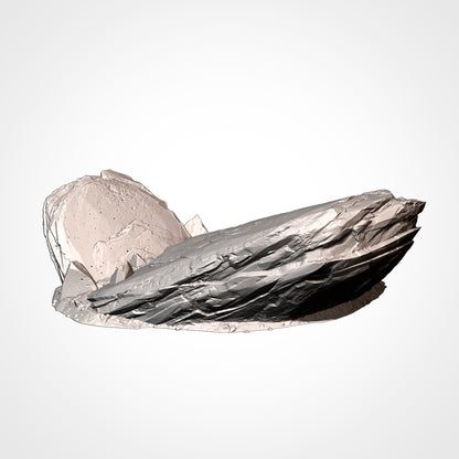 A 3D rendering of a rocky formation, with a rough, jagged surface and a dark, shadowed area.