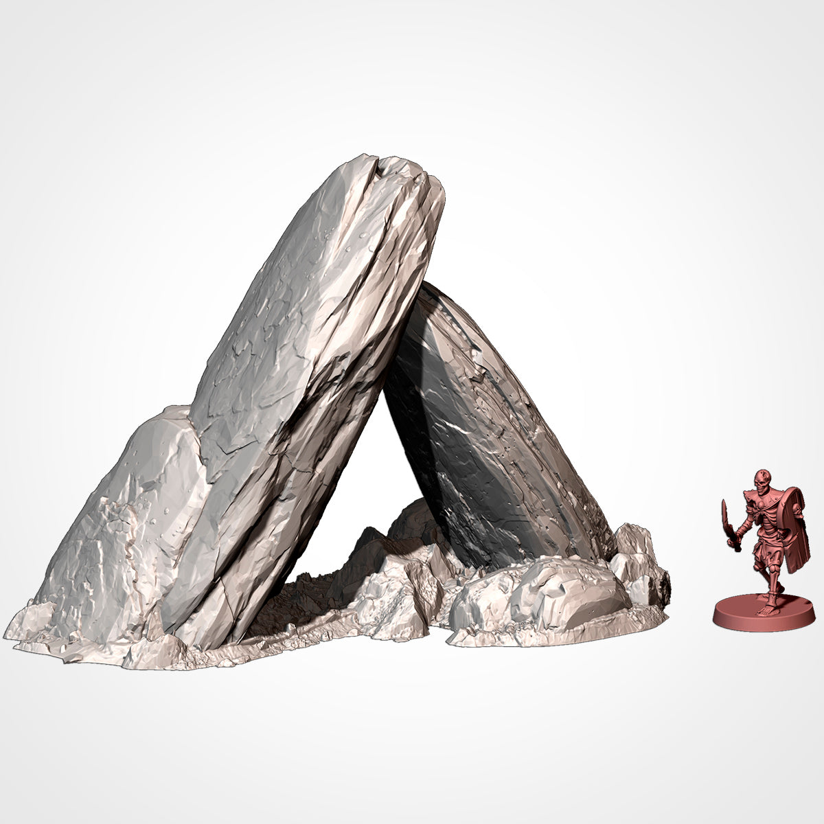 A 3D rendering of a rocky formation with a small figurine standing next to it.