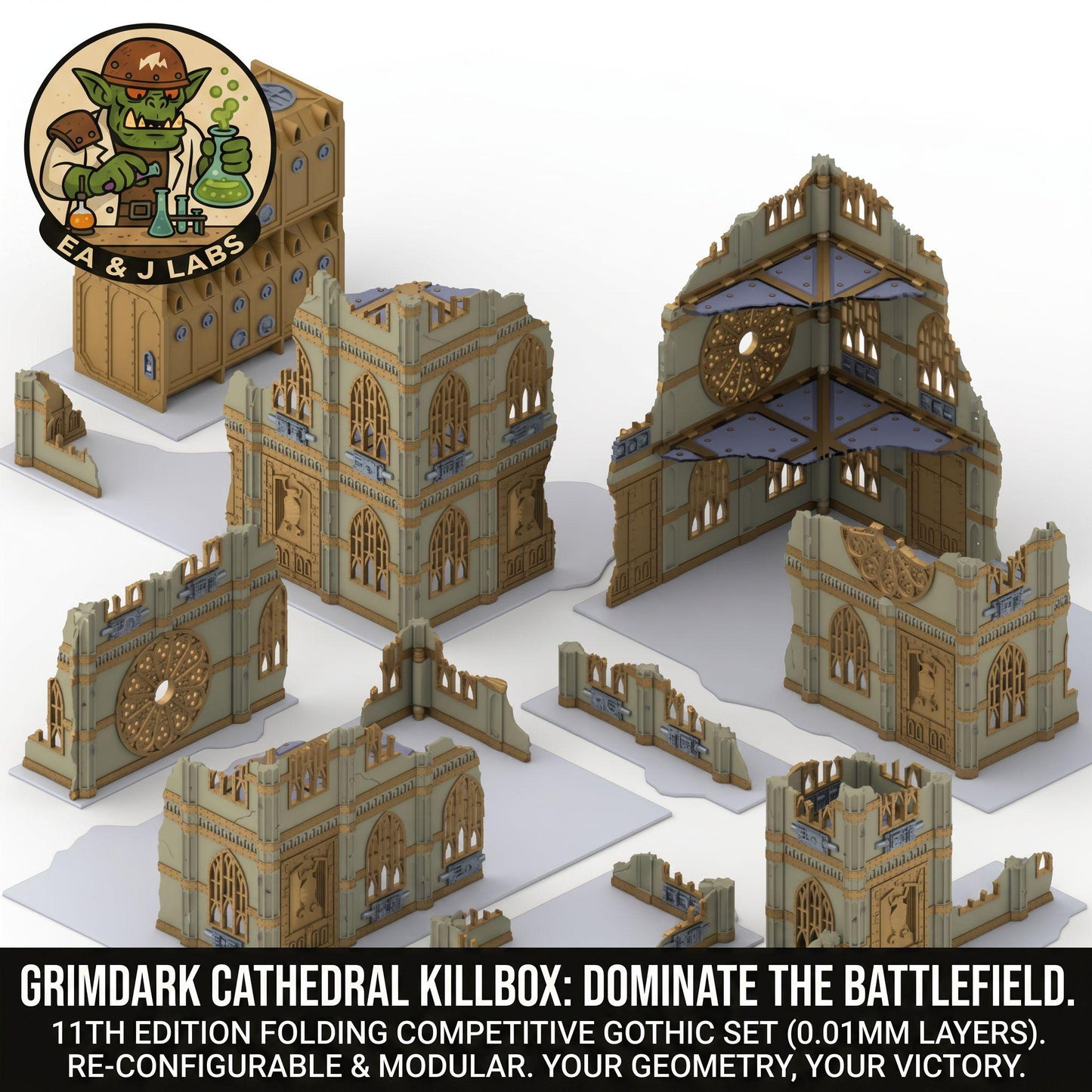 The image is a 3D rendering of a Gothic-style building, likely a cathedral, with various architectural elements such as arches, columns, and towers. The image also includes a logo for a company called "Grimdark Cathedral Killbox" and text that describes the product as a competitive Gothic set with 11th edition folding components, designed to dominate the battlefield.