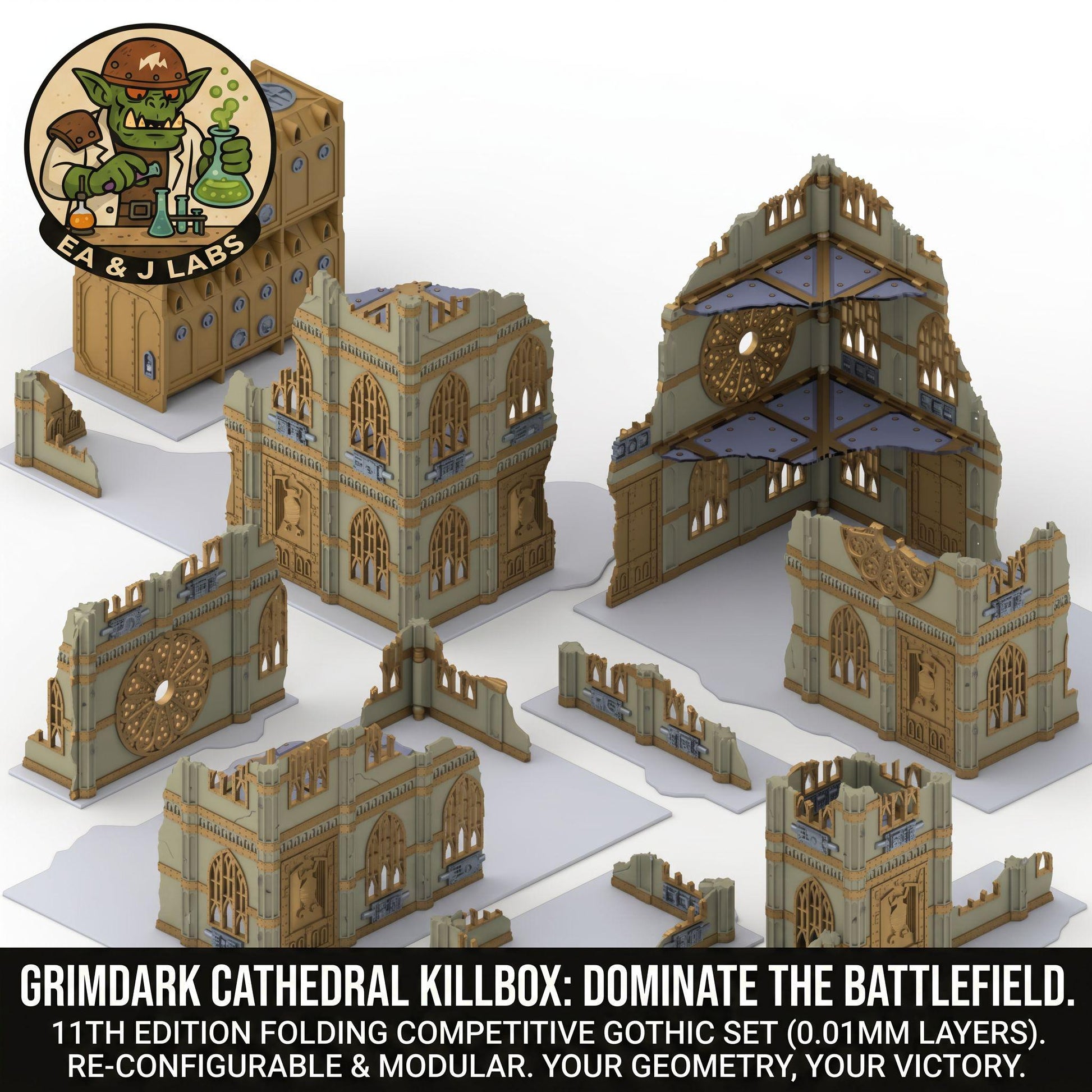 The image is a 3D rendering of a Gothic-style building, likely a cathedral, with various architectural elements such as arches, columns, and towers. The image also includes a logo for a company called "Grimdark Cathedral Killbox" and text that describes the product as a competitive Gothic set with 11th edition folding components, designed to dominate the battlefield.