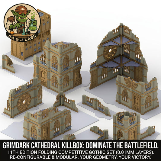 The image is a 3D rendering of a Gothic-style building, likely a cathedral, with various architectural elements such as arches, columns, and towers. The image also includes a logo for a company called "Grimdark Cathedral Killbox" and text that describes the product as a competitive Gothic set with 11th edition folding components, designed to dominate the battlefield.