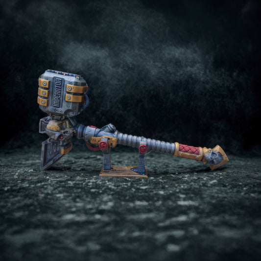 A detailed and intricate toy or model of a futuristic weapon, possibly a turret or cannon, with various mechanical components and a distinctive design.