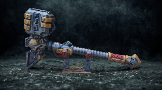 A detailed and intricate toy or model of a futuristic weapon, possibly a turret or cannon, with various mechanical components and a distinctive design.