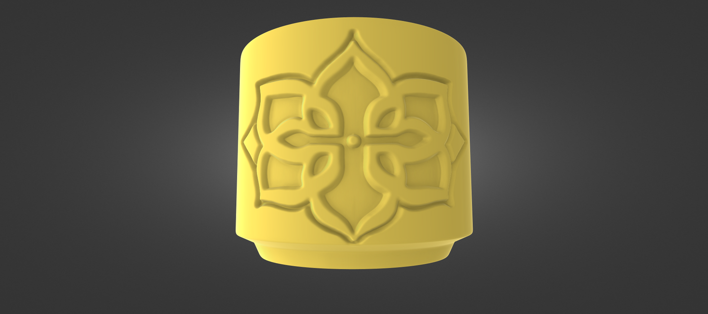 A 3D rendering of a yellow object with an intricate, symmetrical design on it.