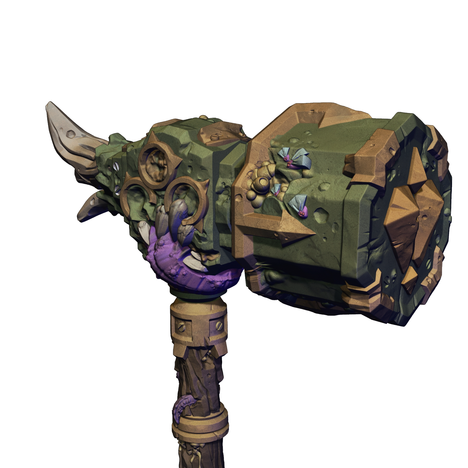 A 3D rendering of a large, ornate weapon with a green and brown color scheme, featuring a skull-like design and various geometric shapes.