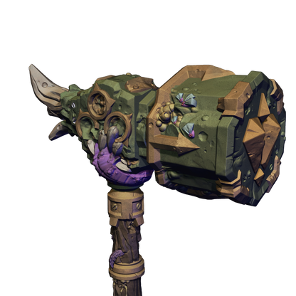 A 3D rendering of a large, ornate weapon with a green and brown color scheme, featuring a skull-like design and various geometric shapes.