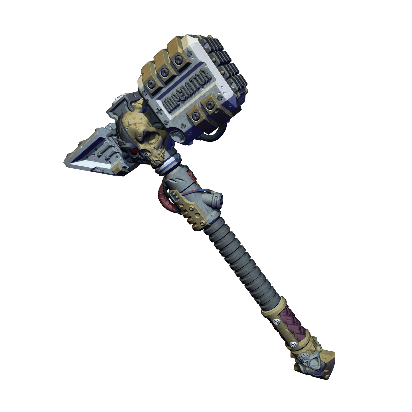 A highly detailed and intricate mechanical weapon, resembling a hammer or sword, with a skull-like design and various mechanical components.