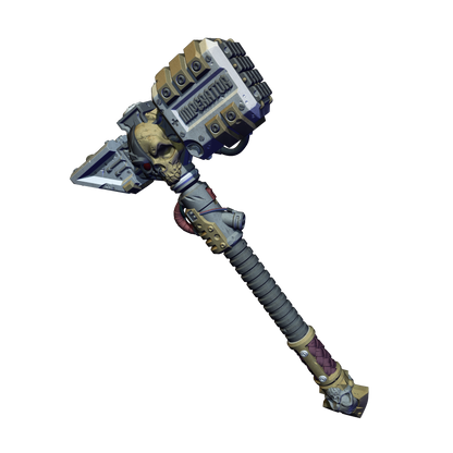 A highly detailed and intricate mechanical weapon, resembling a hammer or sword, with a skull-like design and various mechanical components.