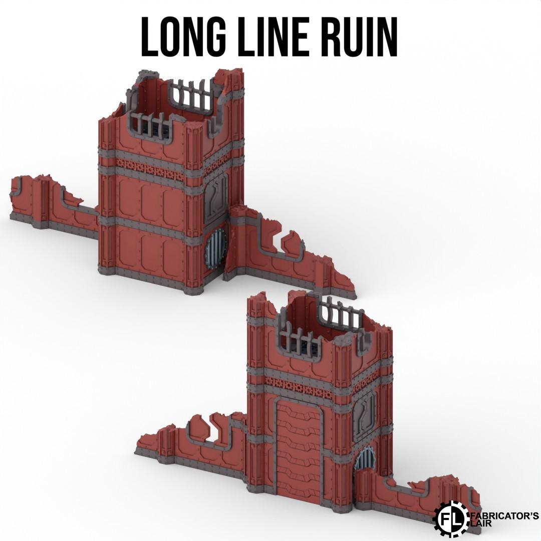 two damaged red towers with broken walls and crumbling facades, suggesting a state of ruin or decay.
