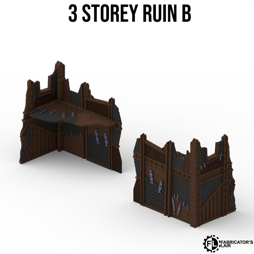 two 3-storey ruins, one on the left and one on the right, both of which appear to be made of dark brown materials and have a rough, weathered appearance.