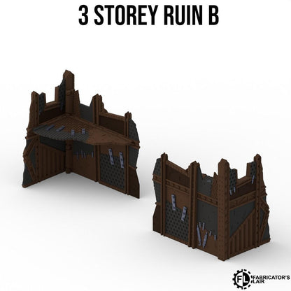 two 3-storey ruins, one on the left and one on the right, both of which appear to be made of dark brown materials and have a rough, weathered appearance.