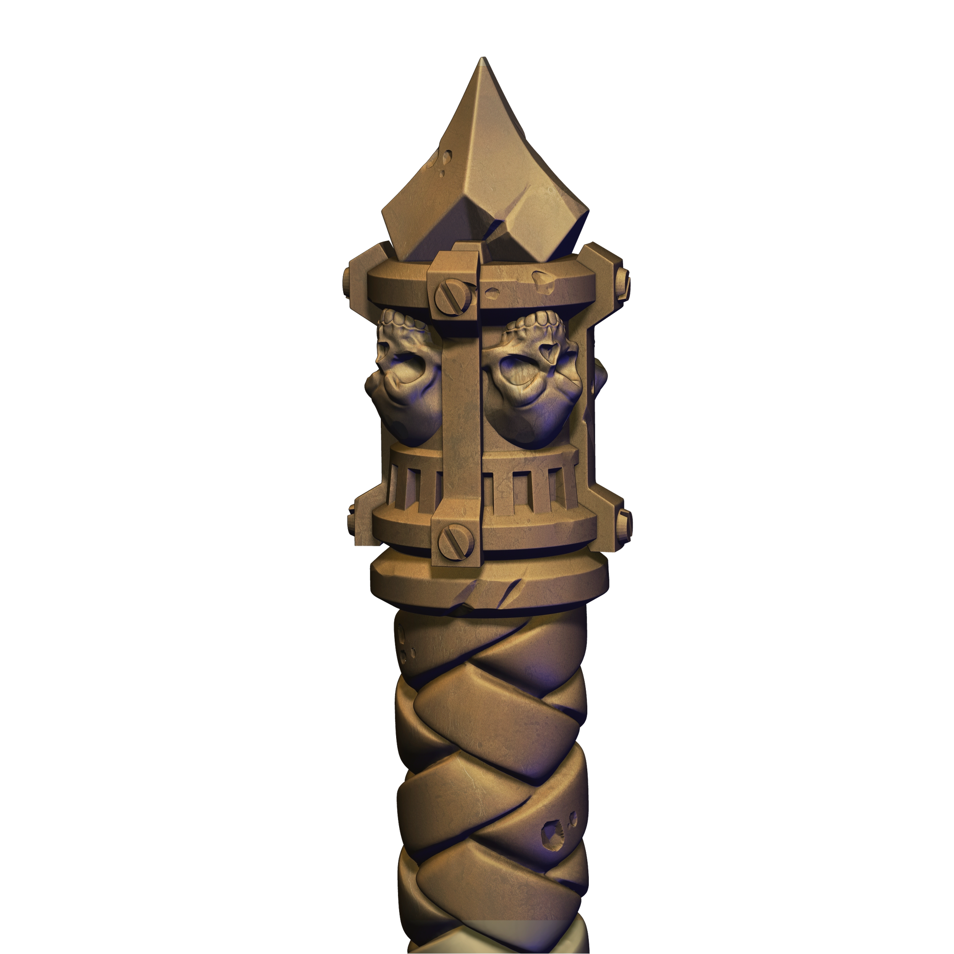 A 3D rendering of a metallic sculpture with a pointed top and a twisted, braided design.