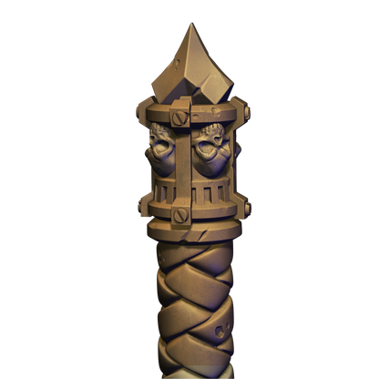 A 3D rendering of a metallic sculpture with a pointed top and a twisted, braided design.
