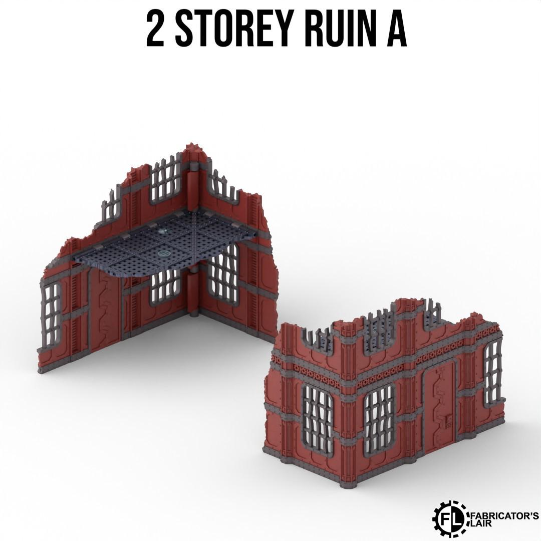 two 3D models of a damaged building, one on the left and one on the right, both with a red and black color scheme.