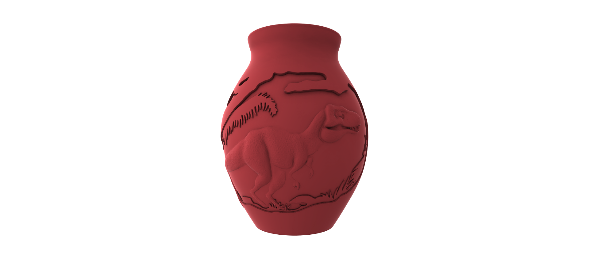 A red ceramic vase with an embossed design depicting a stylized animal, likely a dinosaur or a similar creature, against a black background.