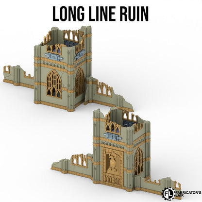 two damaged towers, one on top of the other, with the text "LONG LINE RUIN" above them.