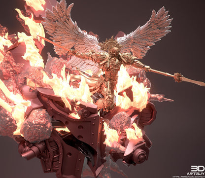 A 3D rendering of a winged armored figure wielding a sword, surrounded by flames and debris.